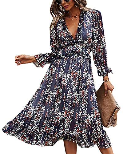Ajpguot Mujer Bohemio Floral Largo Vestido de Playa Sexy Escote en Pico Profundo Maxi Vestidos de Gasa Elegante Volantes Vestidos de Partido Fiesta Cóctel (L, Azul Oscuro)