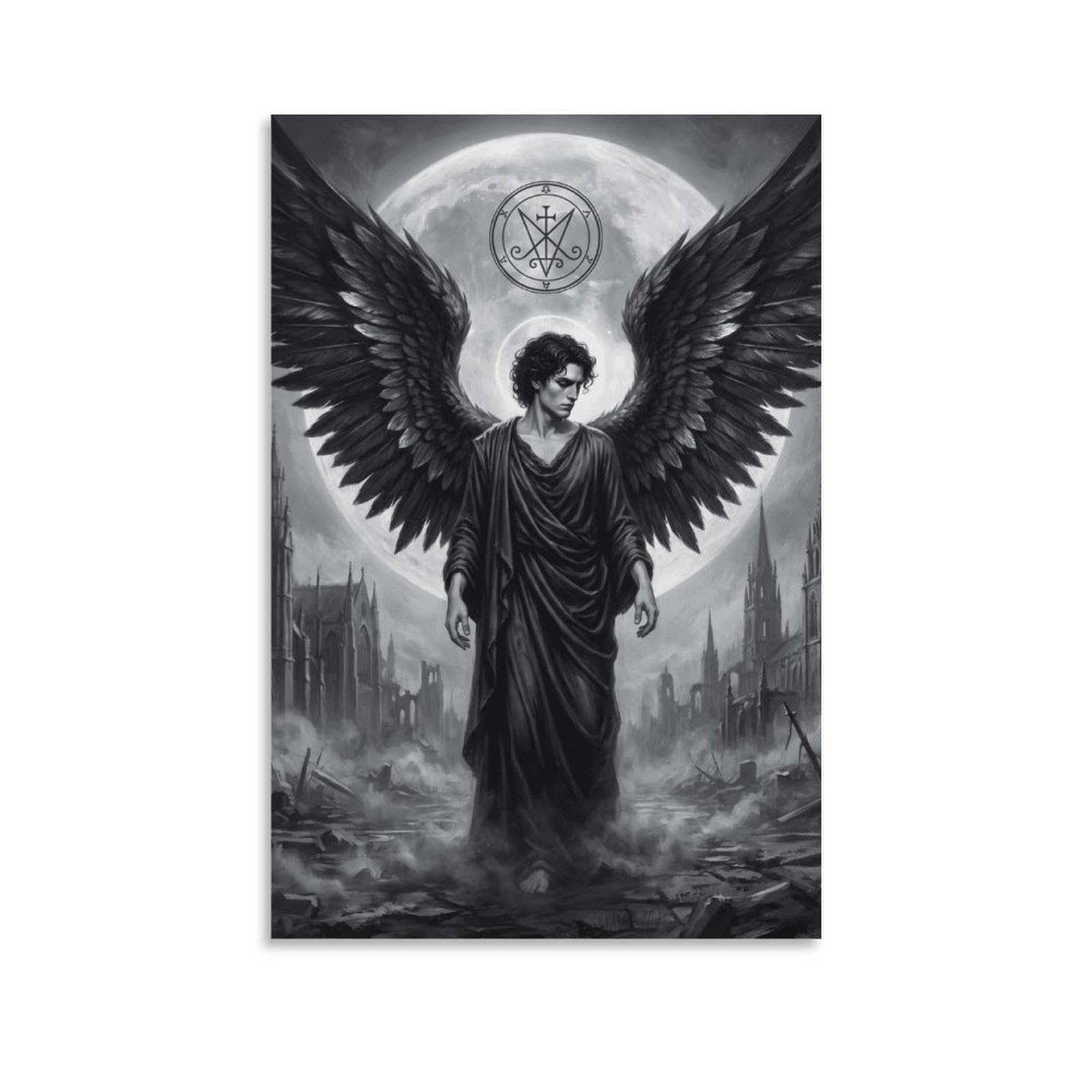 W7C8U2X3 Dark Angel Lucifer Monochrome Canvas Wall Art, Gothic Fantasy