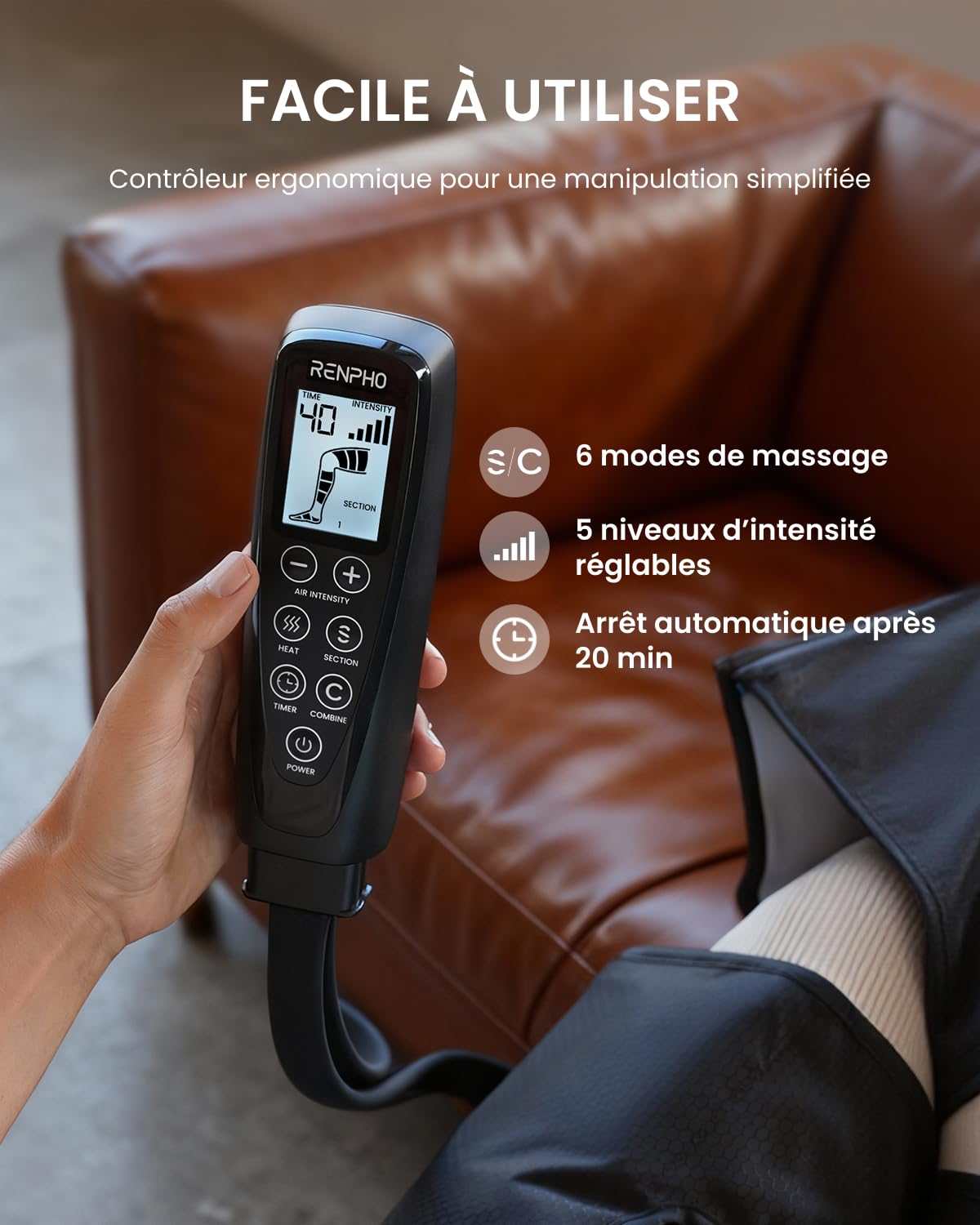 RENPHO Chauffage Bottes Pressothérapie Jambes, Massage Jambes Complet à 360° des Mollets et des Cuisses, 5 Intensités & 6 Modes de Massage, Conçu pour Les Athlètes, Cadeau Fête des Mères, Cadeau Femme