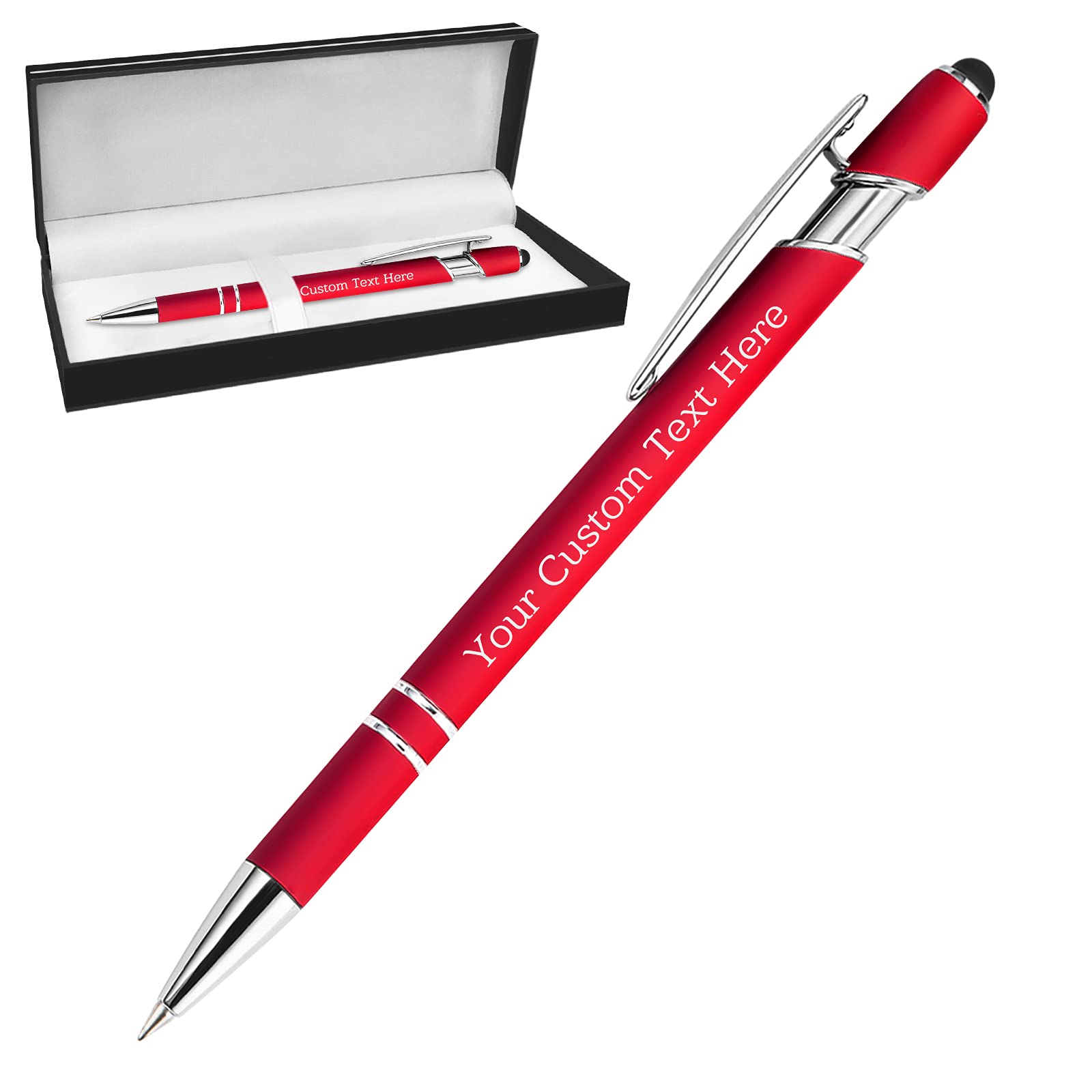 BYWEXCLESD Personalised Custom Pens Bulk Free Engraving with Name Message Ballpoint Pens with Stylus for Business Office Graduation Customised Gift for Men Women Birthday Christmas(Red), 1 pc and box