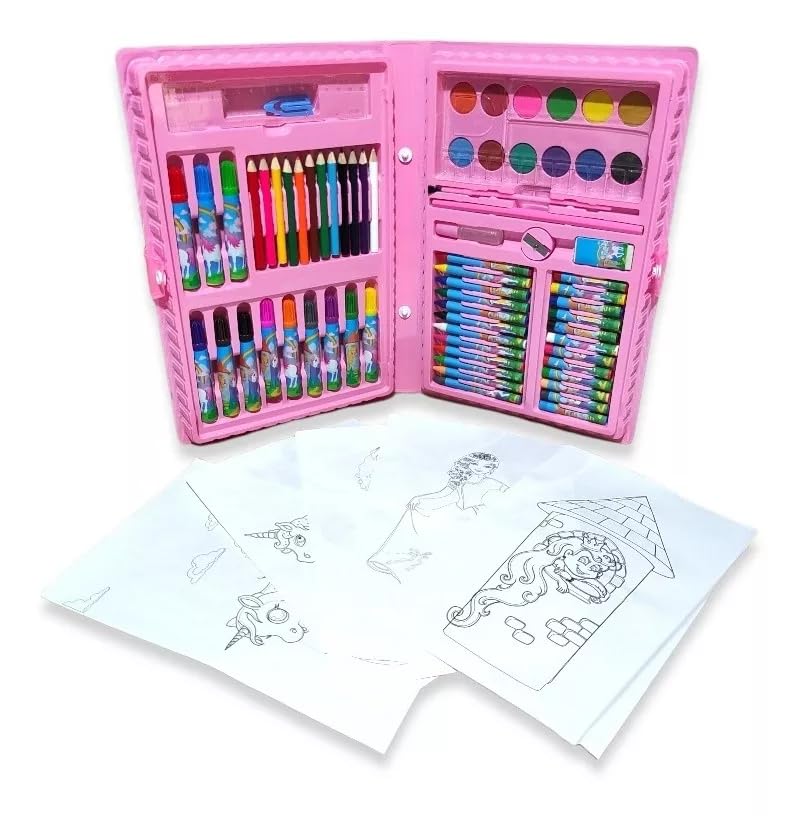 Estojo de Pintura Import 68 Peças - Kit Escolar Rosa - Maleta Pintura Desenhar