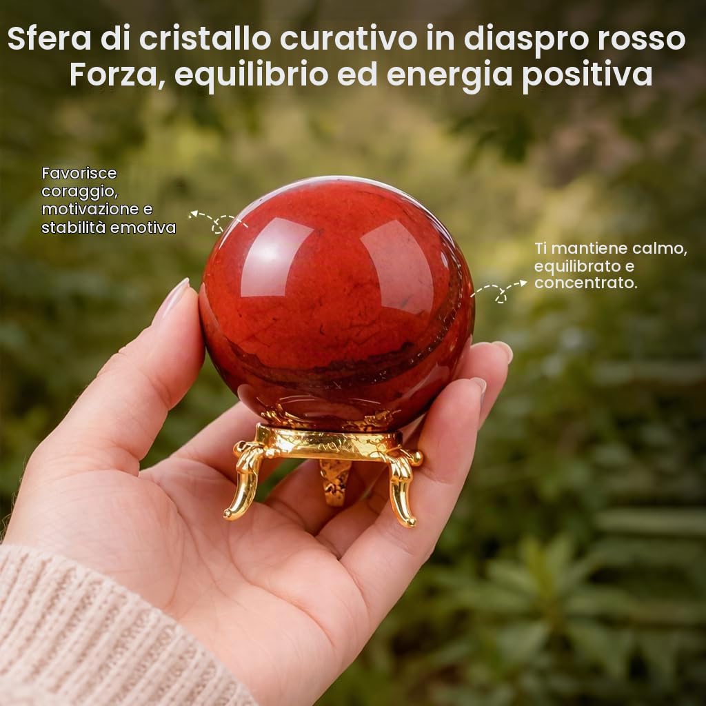 Crocon Sfera di cristallo di diaspro rosso con sfera di pietre preziose con supporto Sfera curativa Scultura Figurina per Fengshui Divinazione Decorazione per la casa Fotografia Dimensioni: 50-60mm