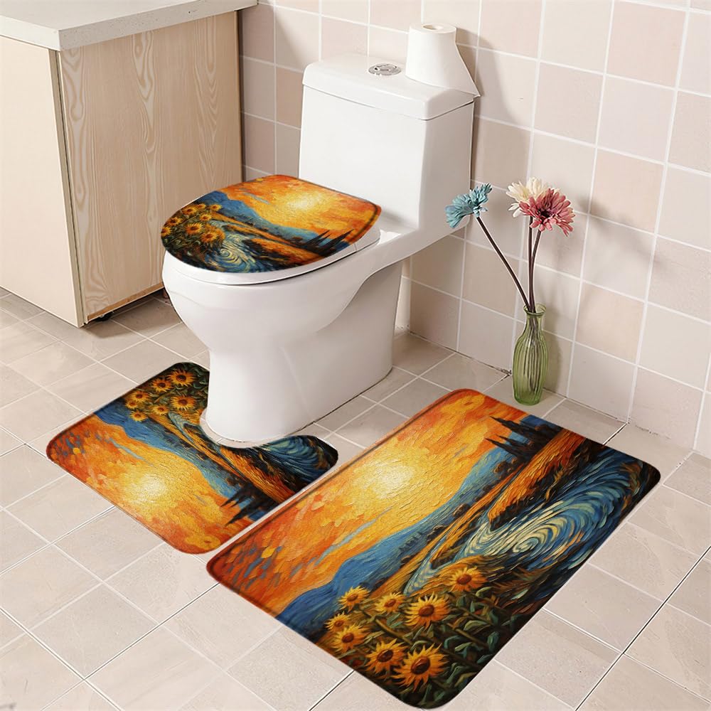 WUASDCS 3PCS Sunflower Bath Mat Set Orange Yellow Floral Green Leaf Sunset Mountain River Oil Painting Bathroom Kitchen Floor Mat Doormat,Toilet Lid Cover and Bath Mat Microfiber Home Decoration Rug