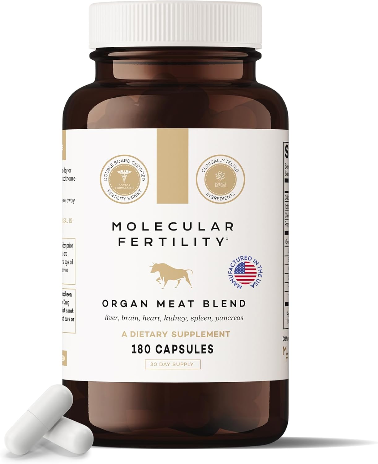 Beef Organ Complex - Pasture-Raised, Grass Fed Beef Liver, Brain, Heart, Spleen, Pancreas Blend, Healthy Hormone Balance and Fertility Supplement for Women and Men, 180 Capsules