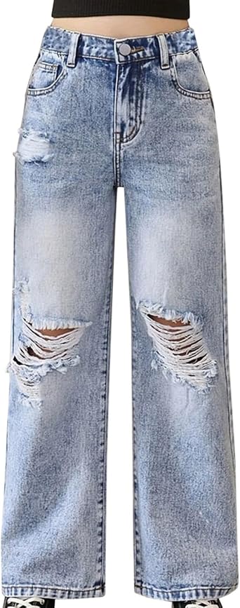 Ripped Denim Jean for Girls Cute Baggy Pants Wide Leg High Waisted Trousers
