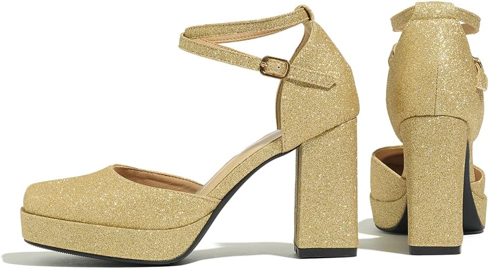 Women's High Block Heels Pumps Square Closed Toe Ankle Strap Wedding Dress Shoes - Image 3