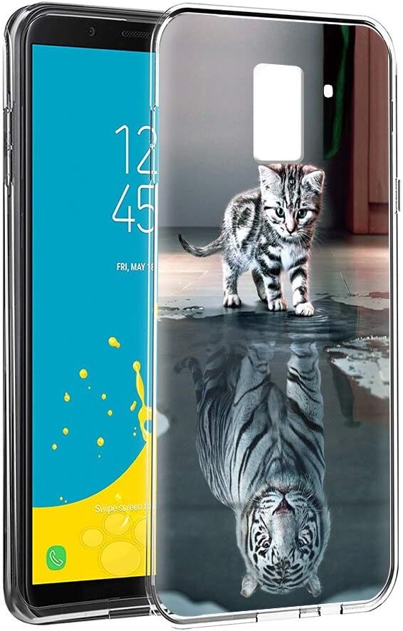 Zhuofan Plus Funda Samsung Galaxy J6 2018, Silicona Suave Clara Transparent TPU Gel con Diseño Print Pattern Anti-rasguños Shockproof Protactivo Cover para Samsung Galaxy J6 2018, Gato Tigre