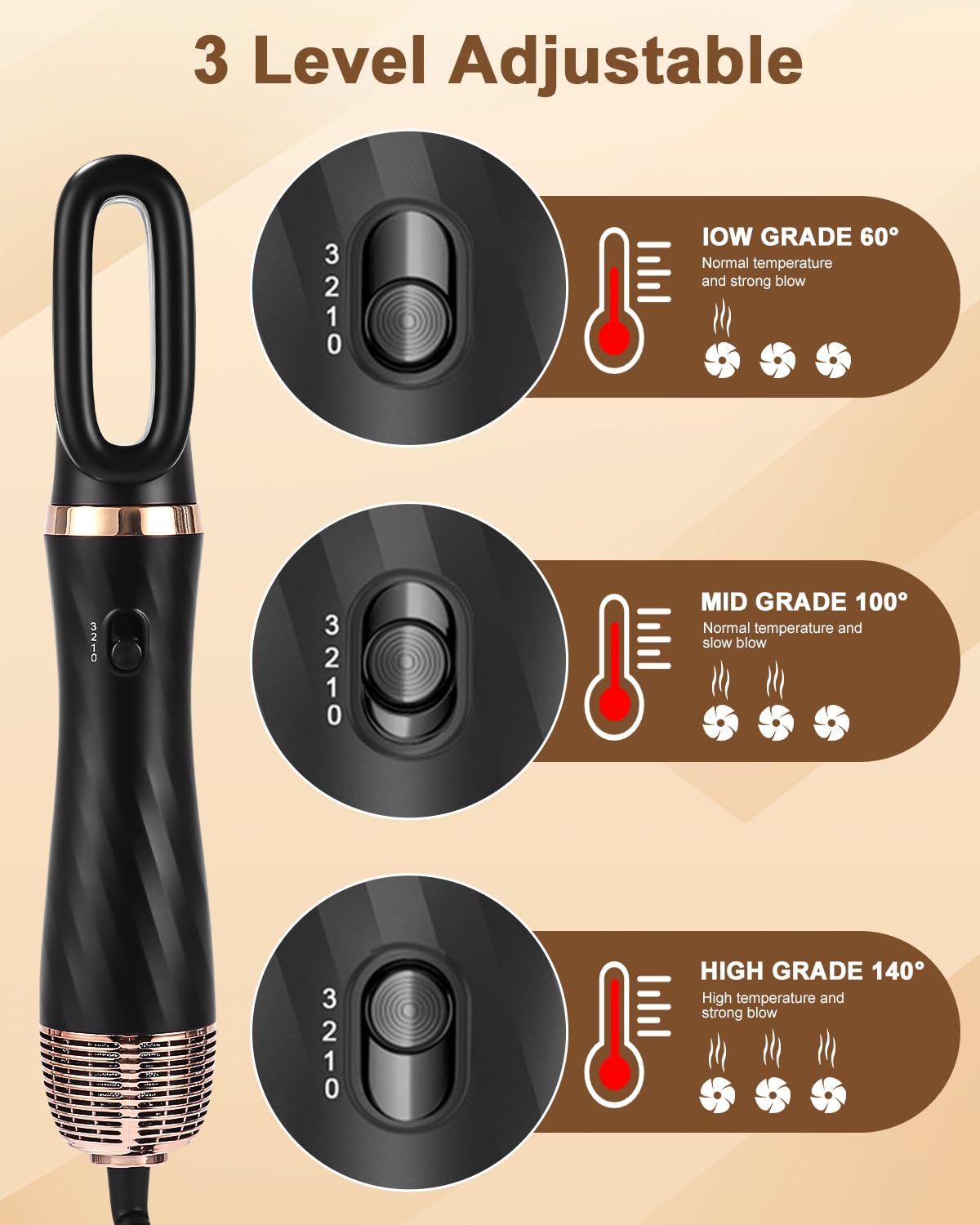Cepillo Secador De Pelo 6 en 1, Cepillo de Aire Caliente,Cepillo Alisador Pelo,Secador de Pelo,Rizador Automático,Hermal Brush,Moldeador Pelo Voluminizador, 3 Temperaturas, Para Seca, Alisa, Volumen