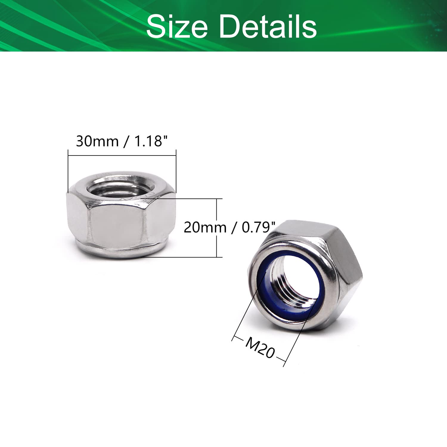 Yinpecly M20 x 2.5mm Nylon Insert Hex Lock Nuts for Machinery Shipbuilding, 304 Stainless Steel, No Surface Treatment, Silver Tone 2Pcs