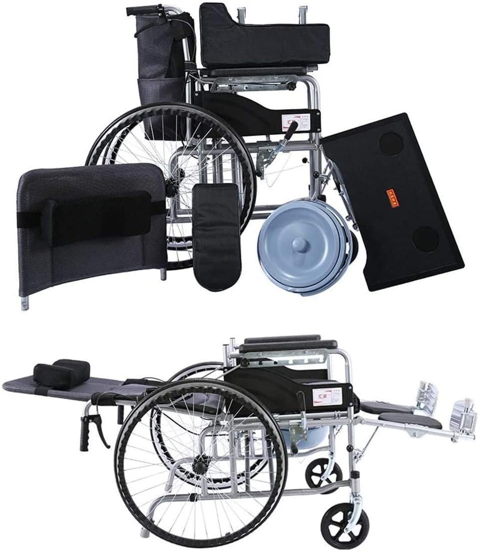 Silla de Ruedas Ligera y Plegable, Reclinable en 6 Posiciones Ajustables, Confortable Respaldo Abatible, Brazo y Pata de Elevación, Doble Freno de Mano de Acero Alto Carbono