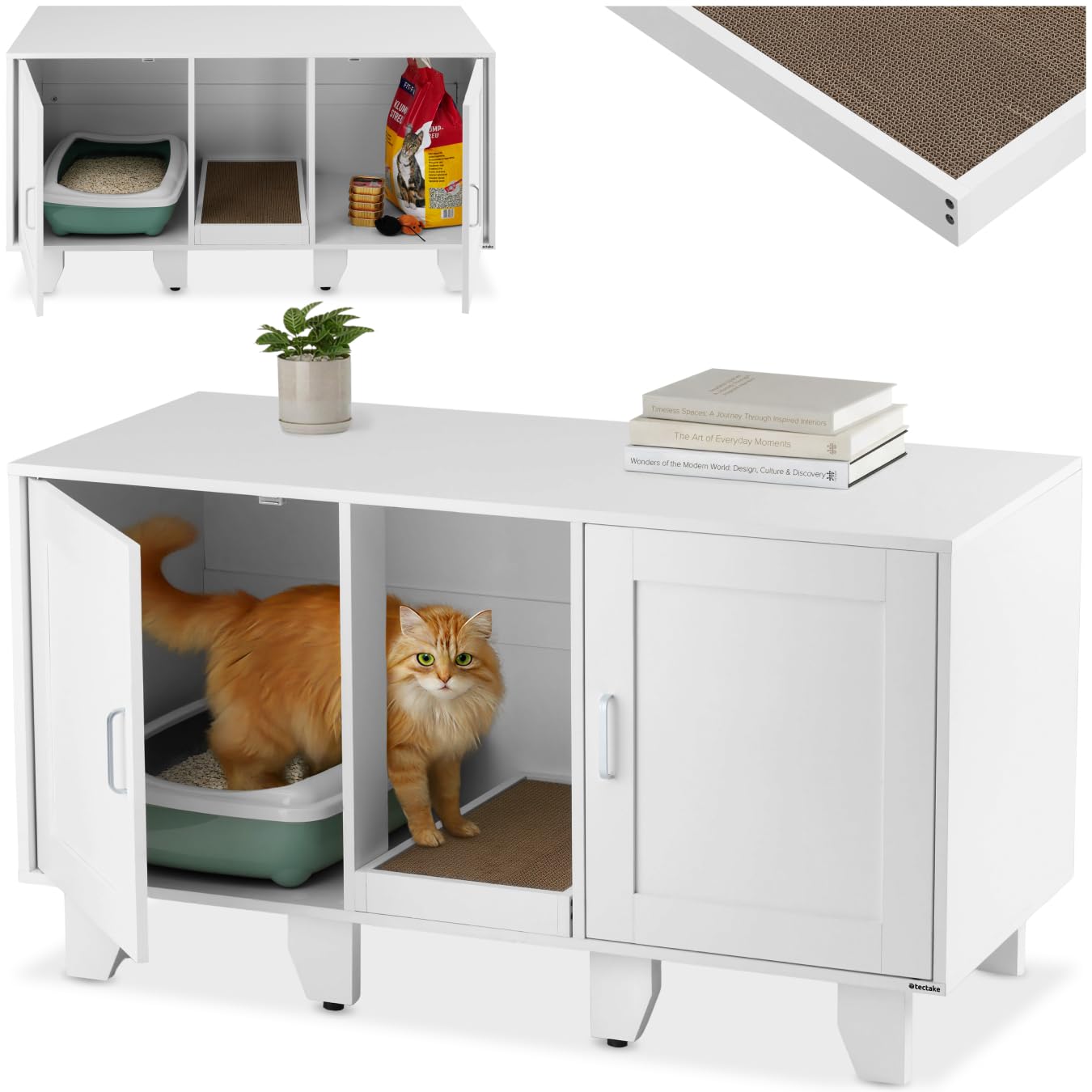 tectake® Mueble Arenero Gatos 2 en 1 con Entrada Lateral y Puertas Magnéticas, Compartimento Integrado, Alfombra Arenero Gato, para Caja de Arena Gatos - Blanco