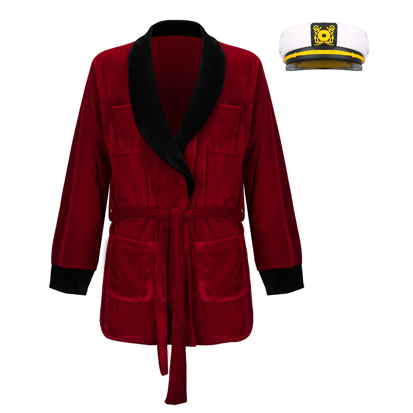 Hefner - Pijama de terciopelo rojo para hombre, con cinturón, sombrero de capitán, accesorios de pipa falsa, disfraz de Halloween