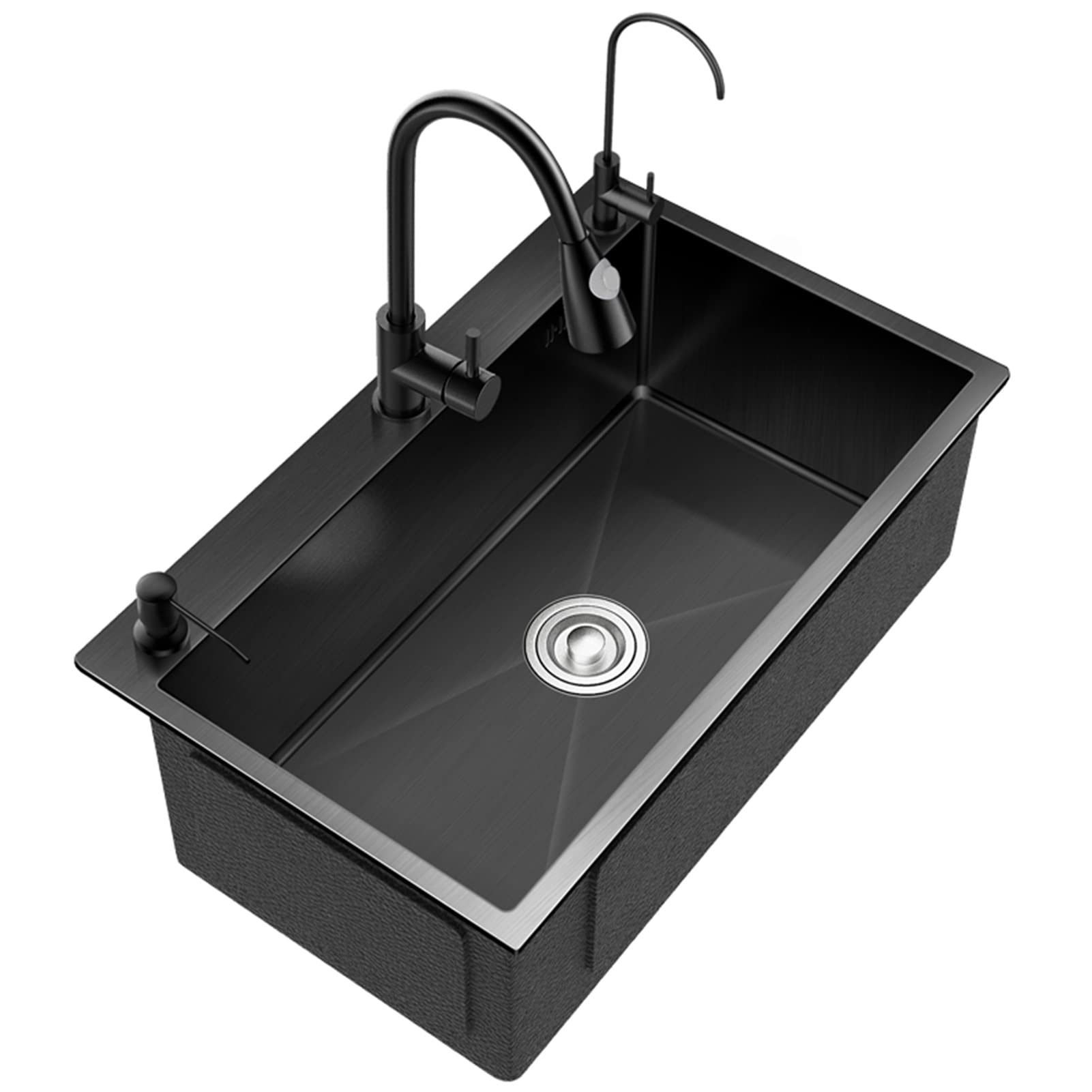 LMYSXAOZ Stainless Steel Single Bowl Kitchen Sink with ll Out Faucet and Drainage Kit Black Nano Finish Handmade RV Top Mount/Under Mount 65x45x20cm