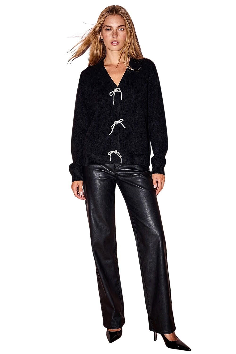 Roman Women's Black Bow Embellished Knit Cardigan In | : Size 20