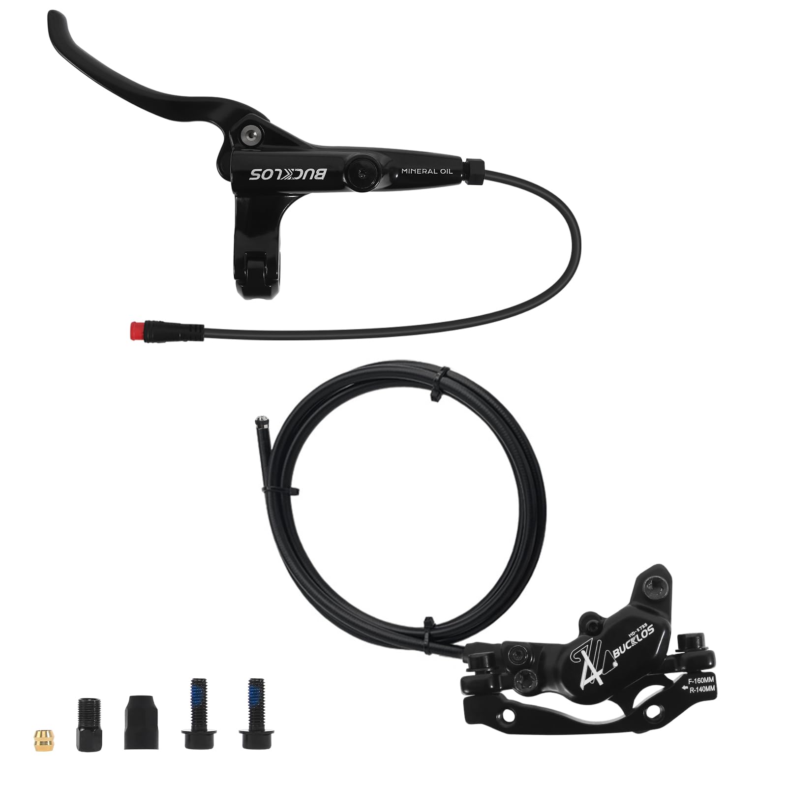 BUCKLOS EBike 2-PIN 4 Pistons Electric Power Off MTB Hydraulic Disc Brake Set,E-Bike Left Front 1150mm Right Rear 1950mm Aluminum Alloy Caliper Lever for ebike/Scooter/Mountain Bike HD-E735(Pre-Bled)