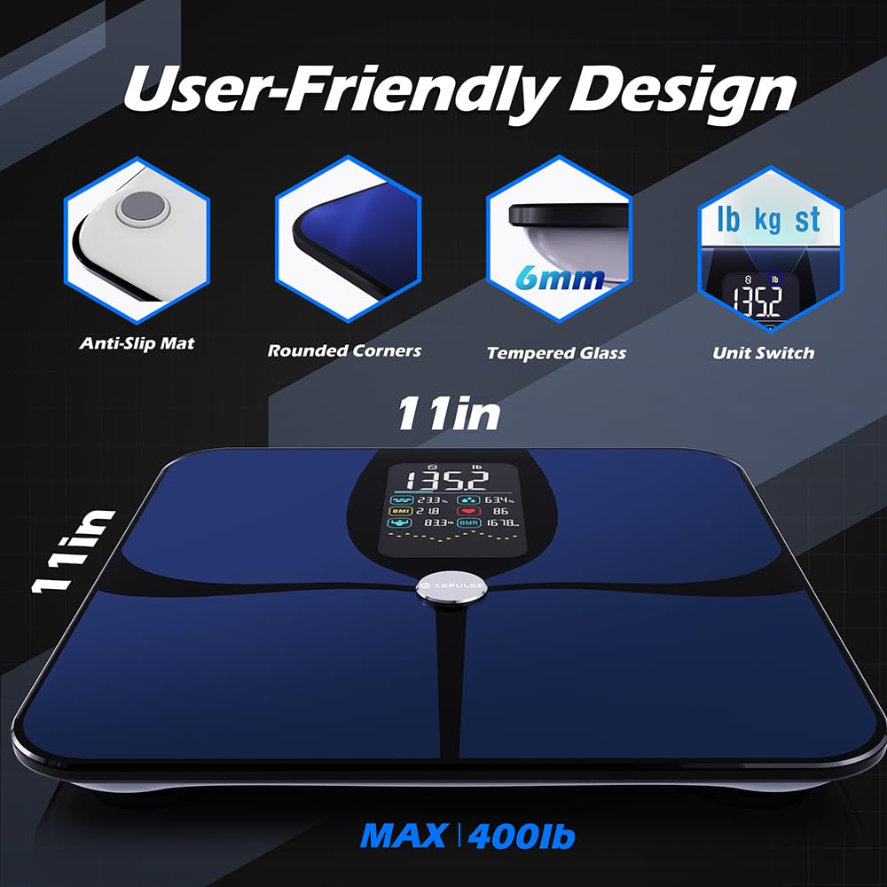 LEPULSE F4Pro Smart Scale showing anti-slip mat, rounded corners, 6mm tempered glass, and unit switch