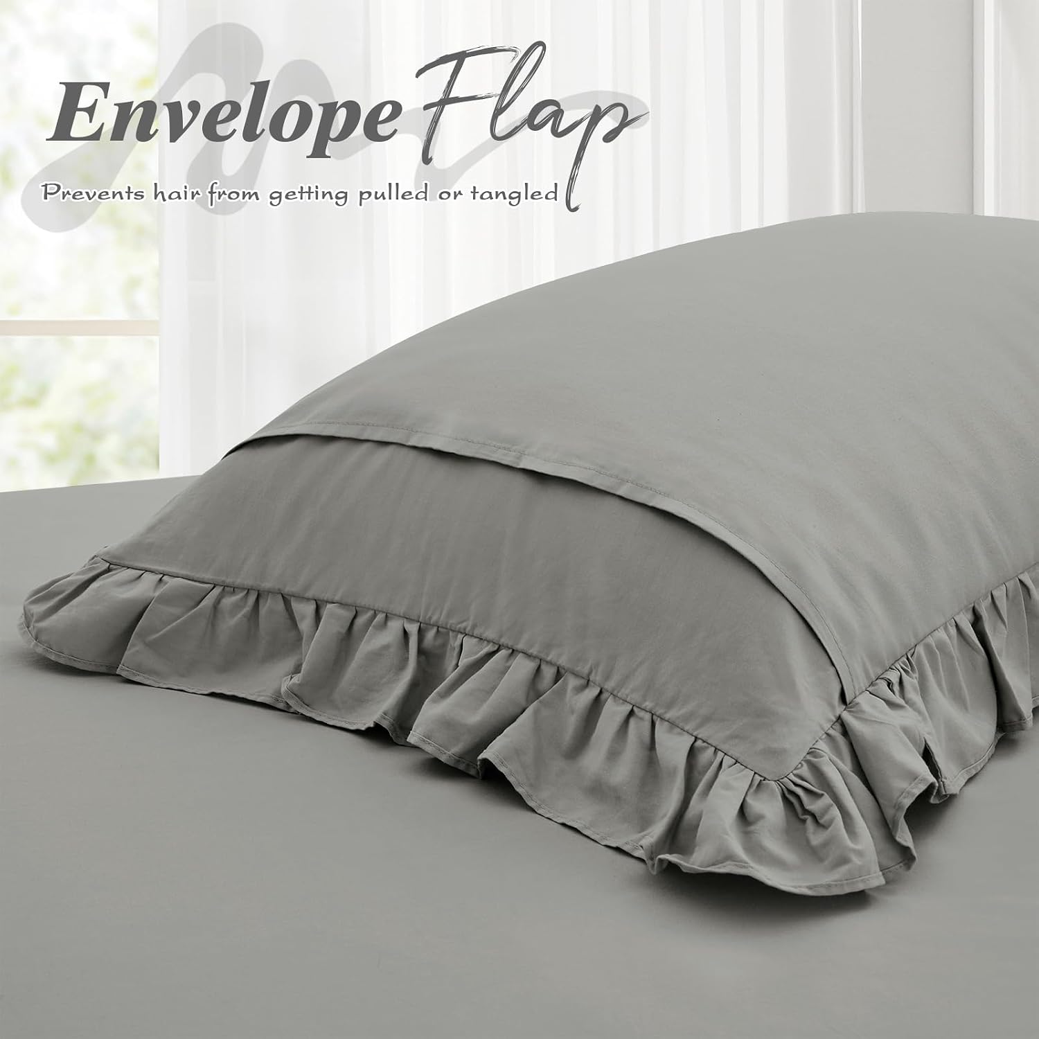 Entisn Pure Cotton Ruffle Fitted Sheet and Pillowcase Set of 3, 400 Thread Count Queen Cotton Fitted Sheet Set, Fits Mattress Up to 15 Inch Deep, Fully Elastic Breathable Bottom Sheets (Light Grey)