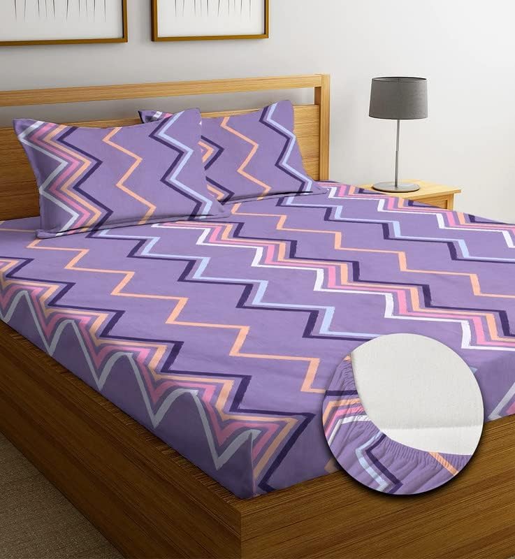Image of Jashan Bedsheet for Double Bed, Elastic Bedsheet King Size Cotton, Double Bedsheet with 2 Pillow Covers, 200 TC 100% Cotton Premium Printed Elastic Fitted Bedsheet