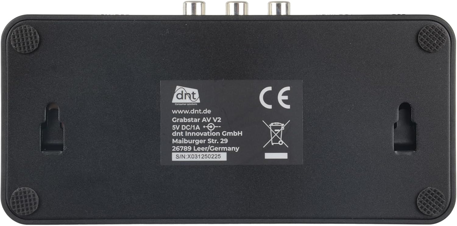 Back view of the DNT Grabstar AV V2 showing the product label with model number, power requirements, and manufacturer information.