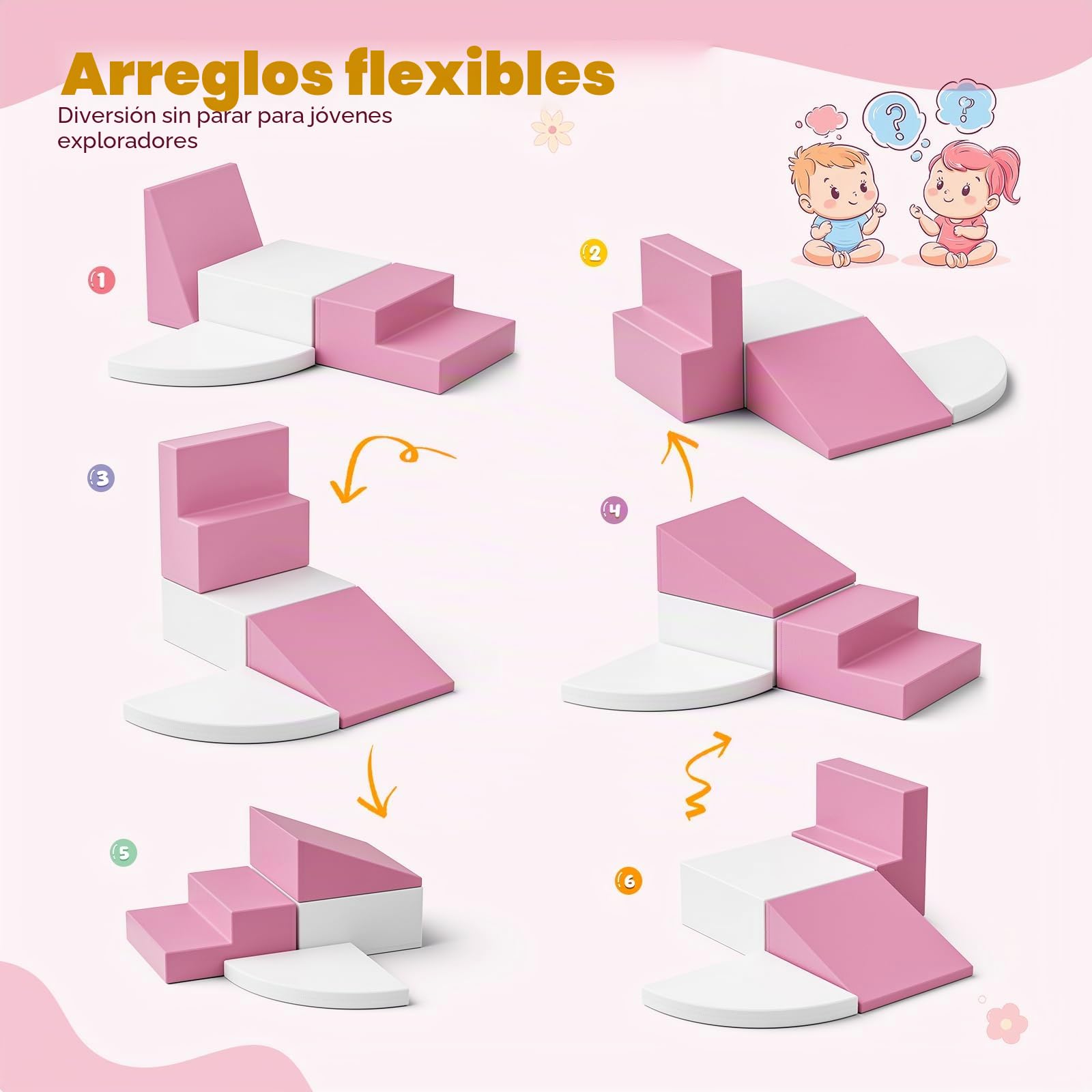 4 piezas de bloques blandos de espuma antideslizante, bloques de escalada combinables para niños, juego para interior, color rosa y blanco