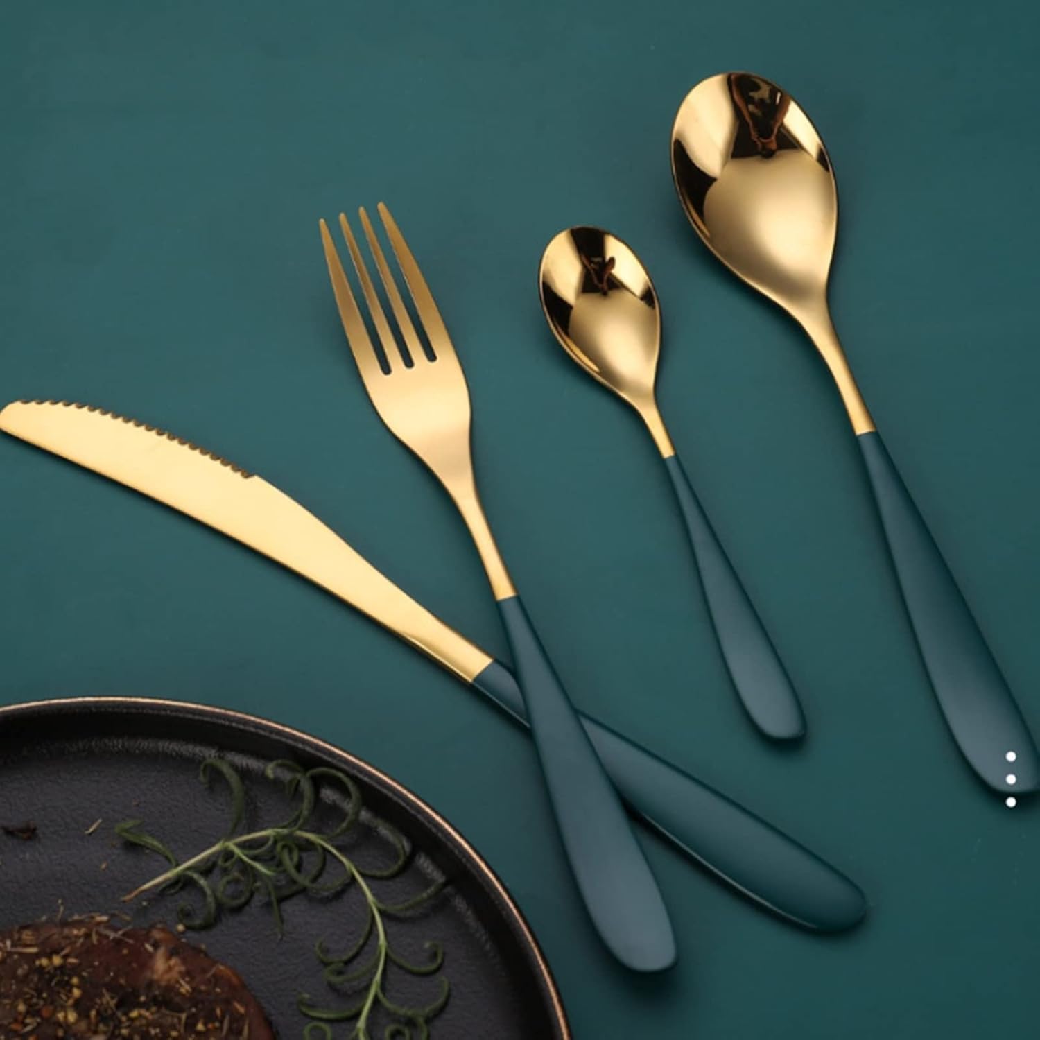 Cutlery Flatware Set of 5, Food Grade Stainless Steel, Mirror Polished, Imitation Wood Handle Design Dinnerware, Tableware for Home, Hotel, Restaurant(Silver-4pcs)