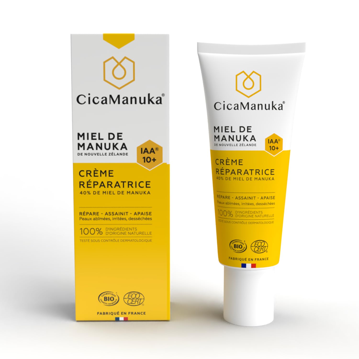 CICAMANUKA - Crème réparatrice au miel de Manuka IAA10+ - Favorise la réparation des peaux abîmées et asséchées - Certifiée Bio - 40ml