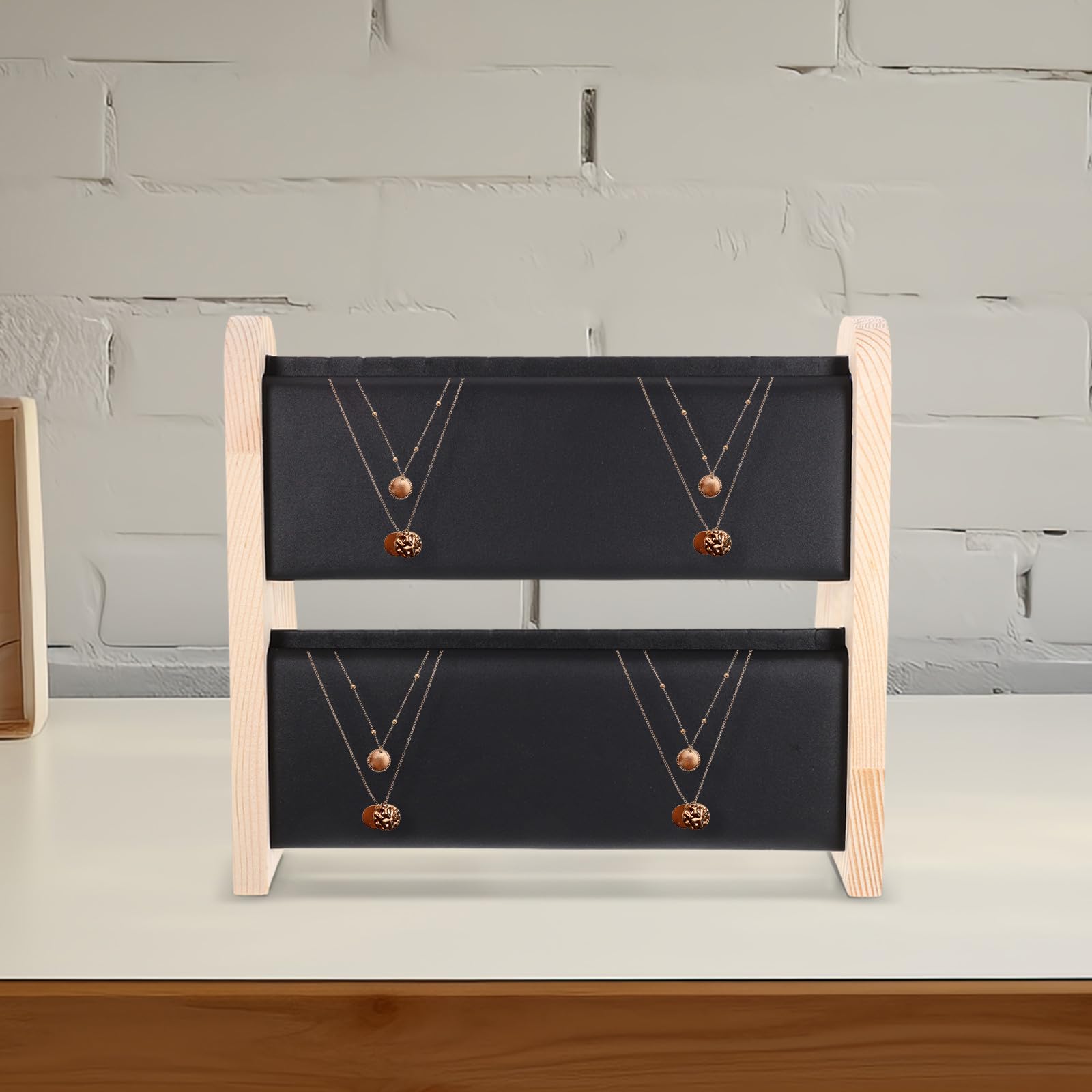 SOLUSTRE Organisateur de Bijoux en Bois Foncé Double Couche sans Bavure, Support Collier Élégant et Sophistiqué pour Usage Professionnel ou Occasionnel