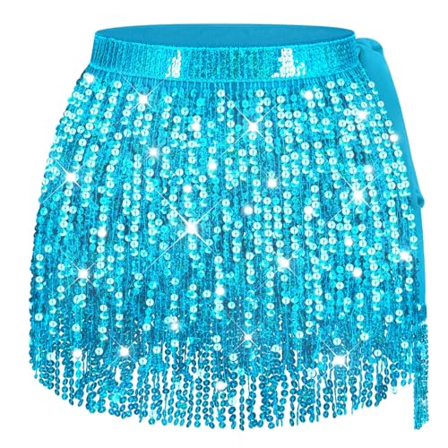 Light Blue Sequin Skirt Women Blue Sparkly Skirt for Women Teal Mini Skirts Sequin Tassel Skirts Belly Dance Hip Scarf
