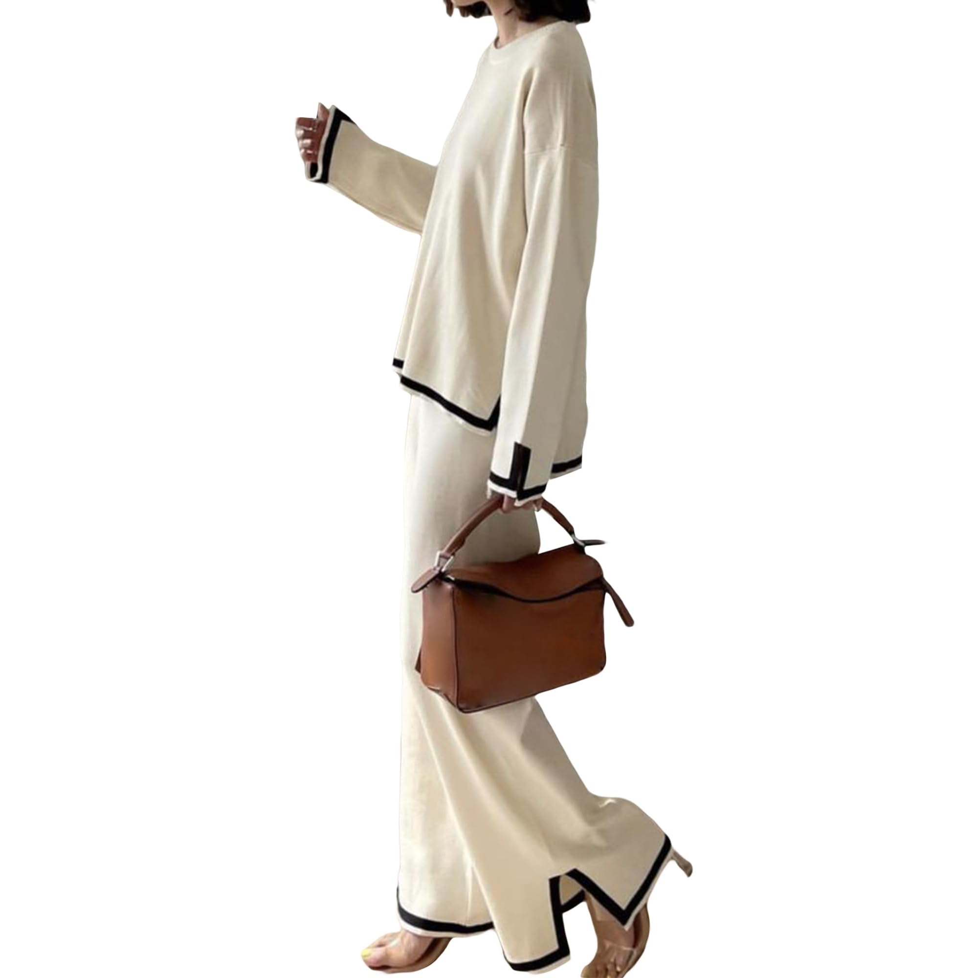 KoitniecerWomen's 2 Piece Outfits Casual Wide Leg Pants and Knit Sweater Set Summer Fall Streetwear Lounge Set