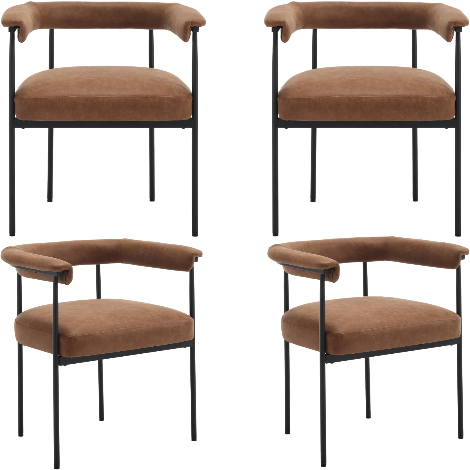 Ya-Home Modern Dining Chairs Set of 4, Upholstered PU Side Chair Armchair with Barrel Backrest Black Metal Frame for Dining Room Living Room, Brown