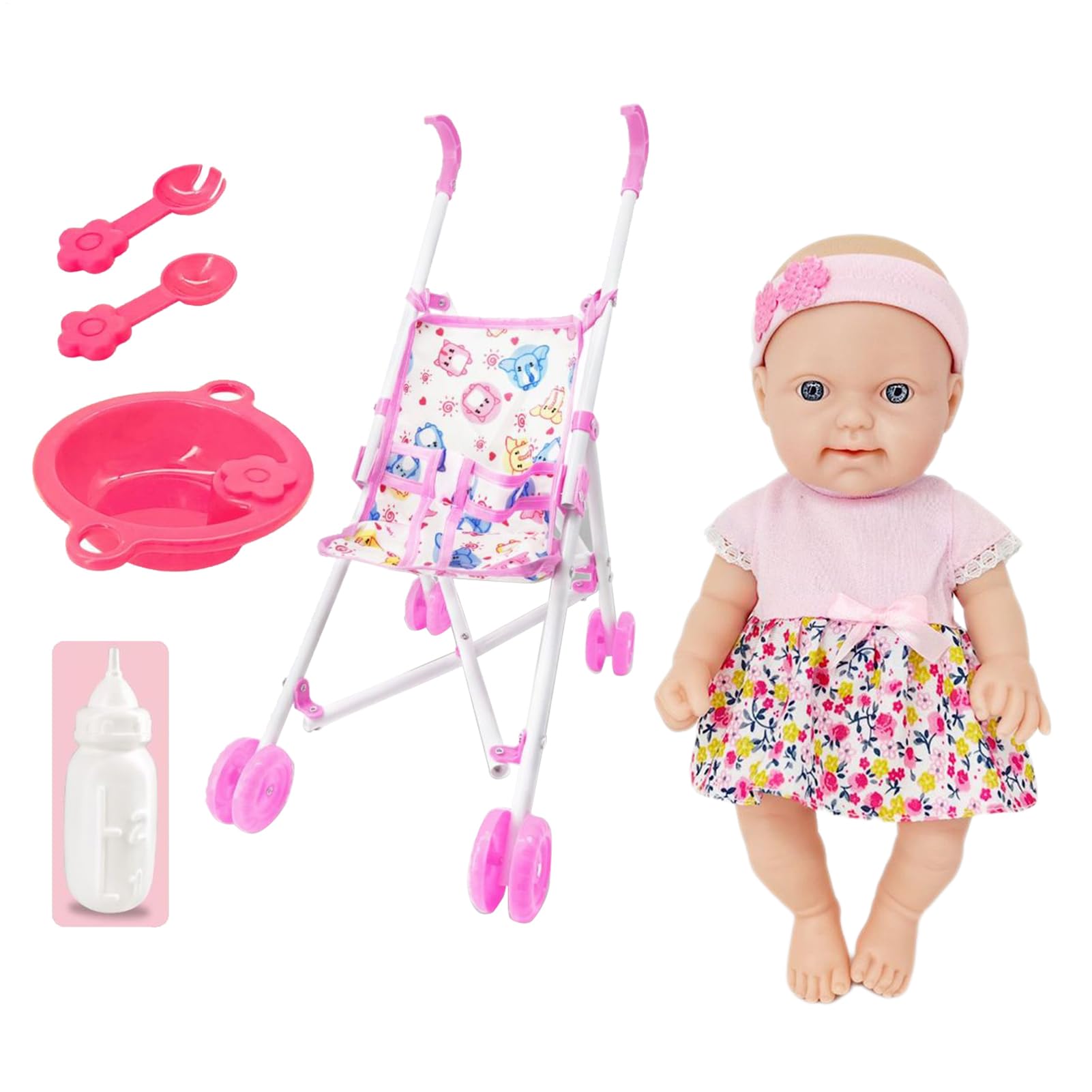 Stroller Set, Stroller Set for Toy, Soft 10 Inch Included, Accessories and Feeding Set, Role Play
