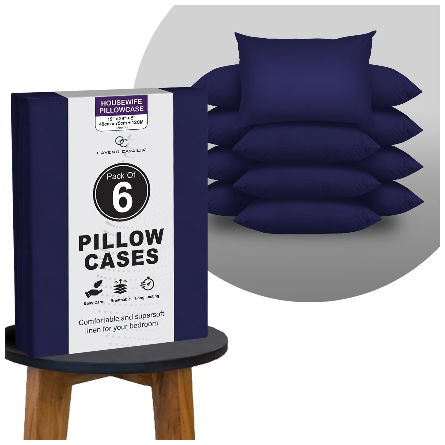 GC GAVENO CAVAILIA Plain Navy Pillow Cases 6 Pack | Breathable, Wrinkle, Soft Touch Polycotton Bedding Pillowcases | Hotel Quality Hypoallergenic Pillow Covers Envelope Closure 74x48 Cm