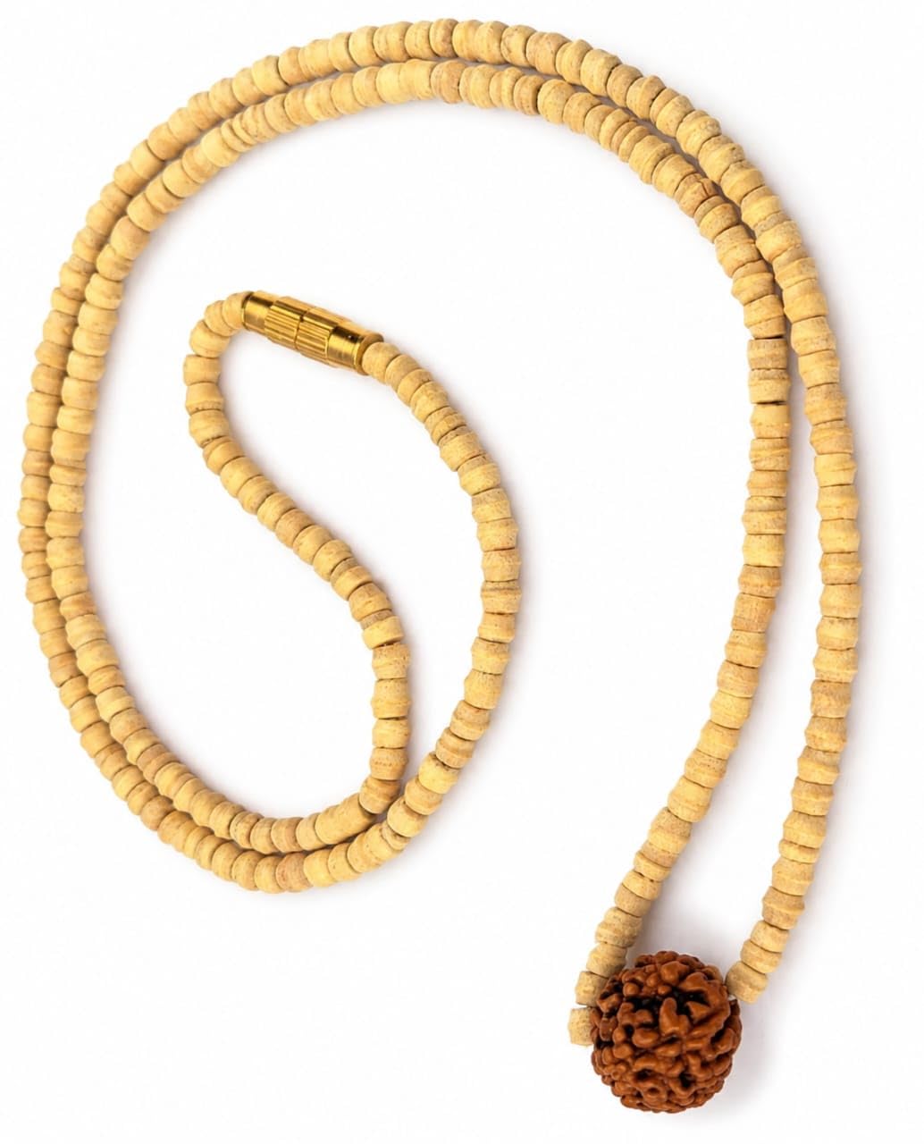 Shreeja Store Original Kanthi Mala with 5 Mukhi Rudraksha | Natural Wood Beads Necklace for Men & Women | Handmade Vaishnav Mala for Japa, Meditation, ISKCON & Daily Spiritual Wear-image-3