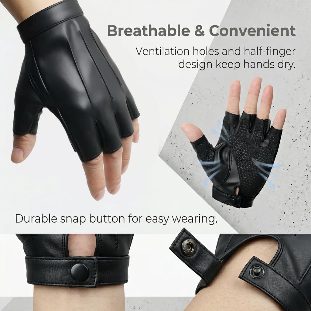 Gants Demi-Doigts en Cuir PU Noir Homme Femme Mitaines Sport Respirantes Conduite Cyclisme Entrainement Paume Antiderapante Taille M