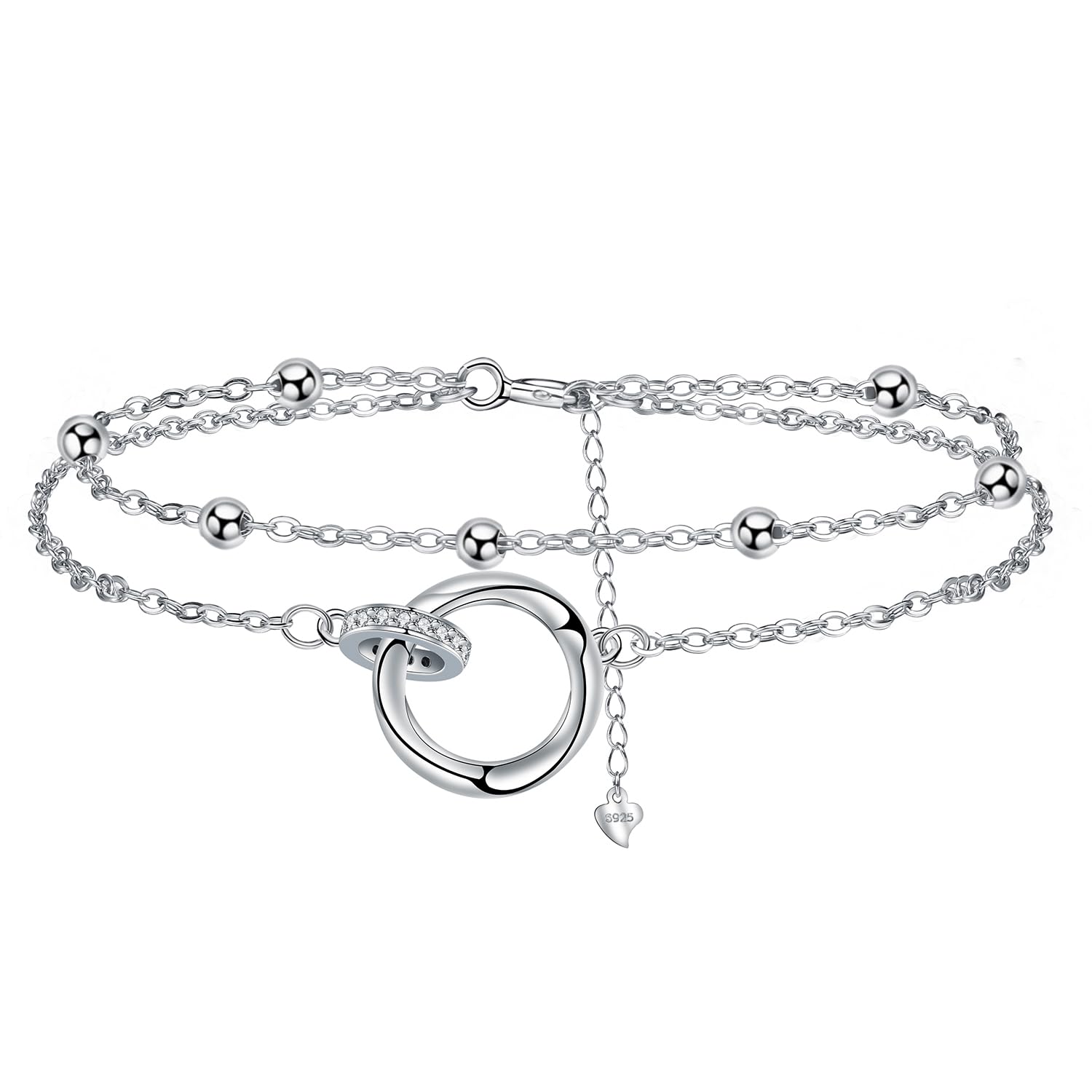 J.MUEN Pulsera de doble anillo para mujer, plata de ley 925, joya para regalo de cumpleaños para mujer, madre, esposa, Plata de ley