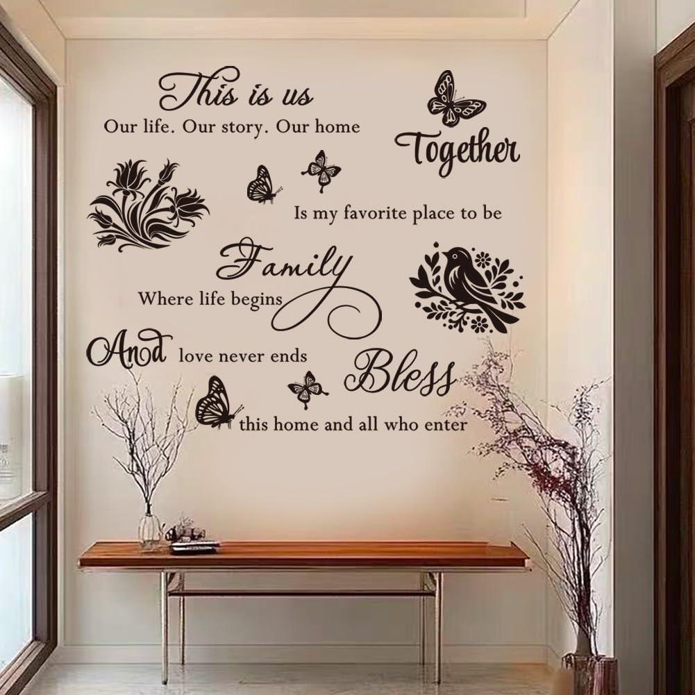4 Pieces Inspirational Family Quotes Wall Decals This is Us Bless This Home Wall Decor Vinyl Stickers Living Room Bedroom Motivational Art Decorations for Home Office Teen Dorm.