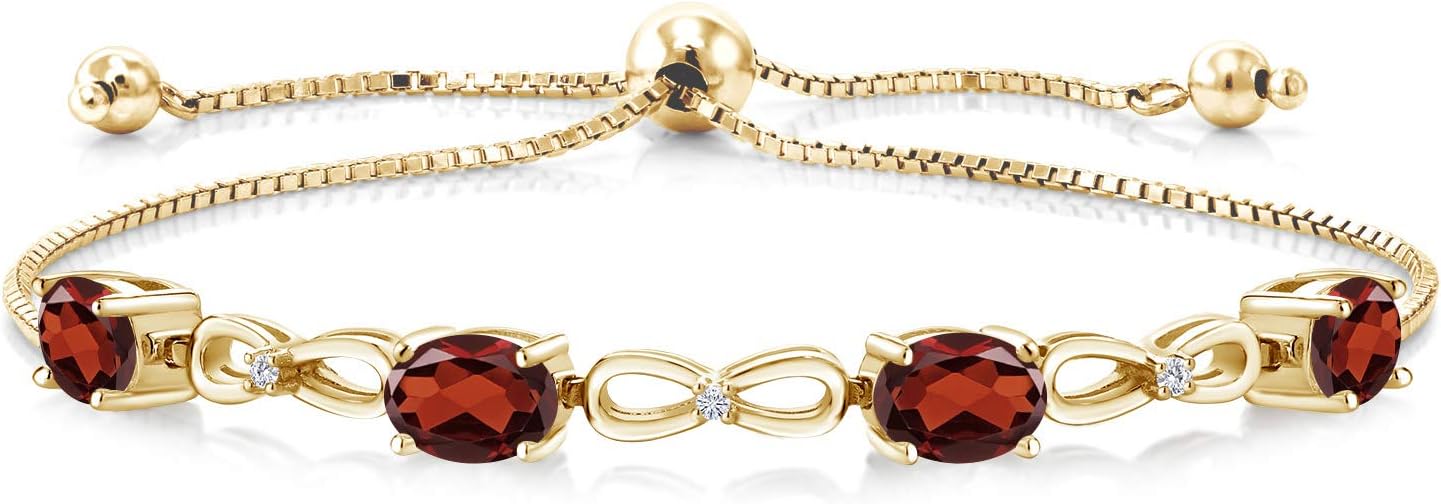 Gem Stone King 3.50 Cttw Red Garnet and White Lab Grown Diamond 18K Yellow Gold Plated Silver Bracelet For Women | Gemstone Birthstone | Adjustable Bolo Bracelet For Women | Easy-On Easy-Off