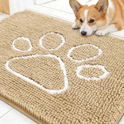 Image of OLANLY Dog Door Mat for Muddy Paws 30x20, Paw Print Design Chenille Mud Mat
