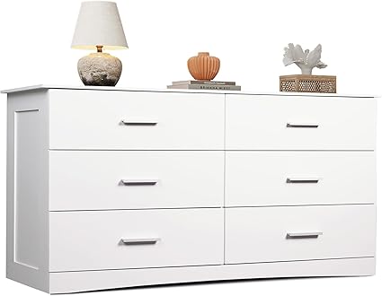 WLIVE White Dresser with 6 Drawers, Wide Wood Chest of Drawers for Bedroom, Large White Storage Tower Unit, Modern Minimalist Closet Store Organizer for Living Room, Hallway