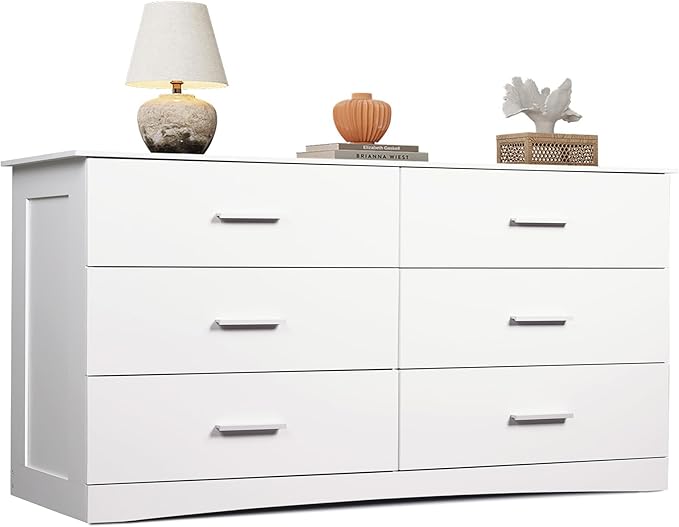 WLIVE White Dresser with 6 Drawers, Wide Wood Chest of Drawers for Bedroom, Large White Storage Tower Unit, Modern Minimalist Closet Store Organizer for Living Room, Hallway