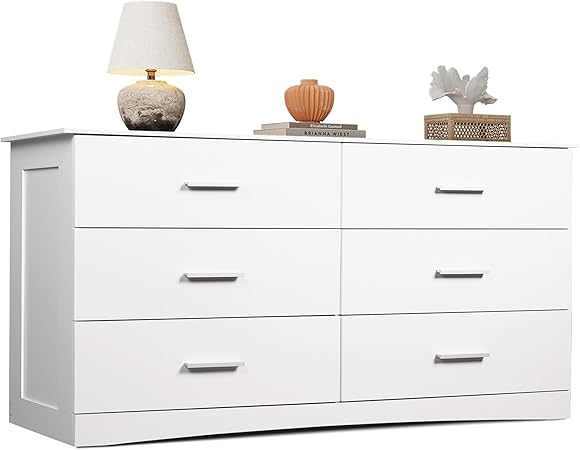 WLIVE White Dresser with 6 Drawers, Wide Wood Chest of Drawers for Bedroom, Large White Storage Tower Unit, Modern Minimalist Closet Store Organizer for Living Room, Hallway