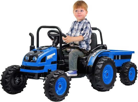 Kids Ride On Tractor with Trailer, 12V Battery Powered Electric Tractor with Remote Control, Music, USB, Led Lights, Audio, Safety Belt, 35W Dual Motors, Unload Button