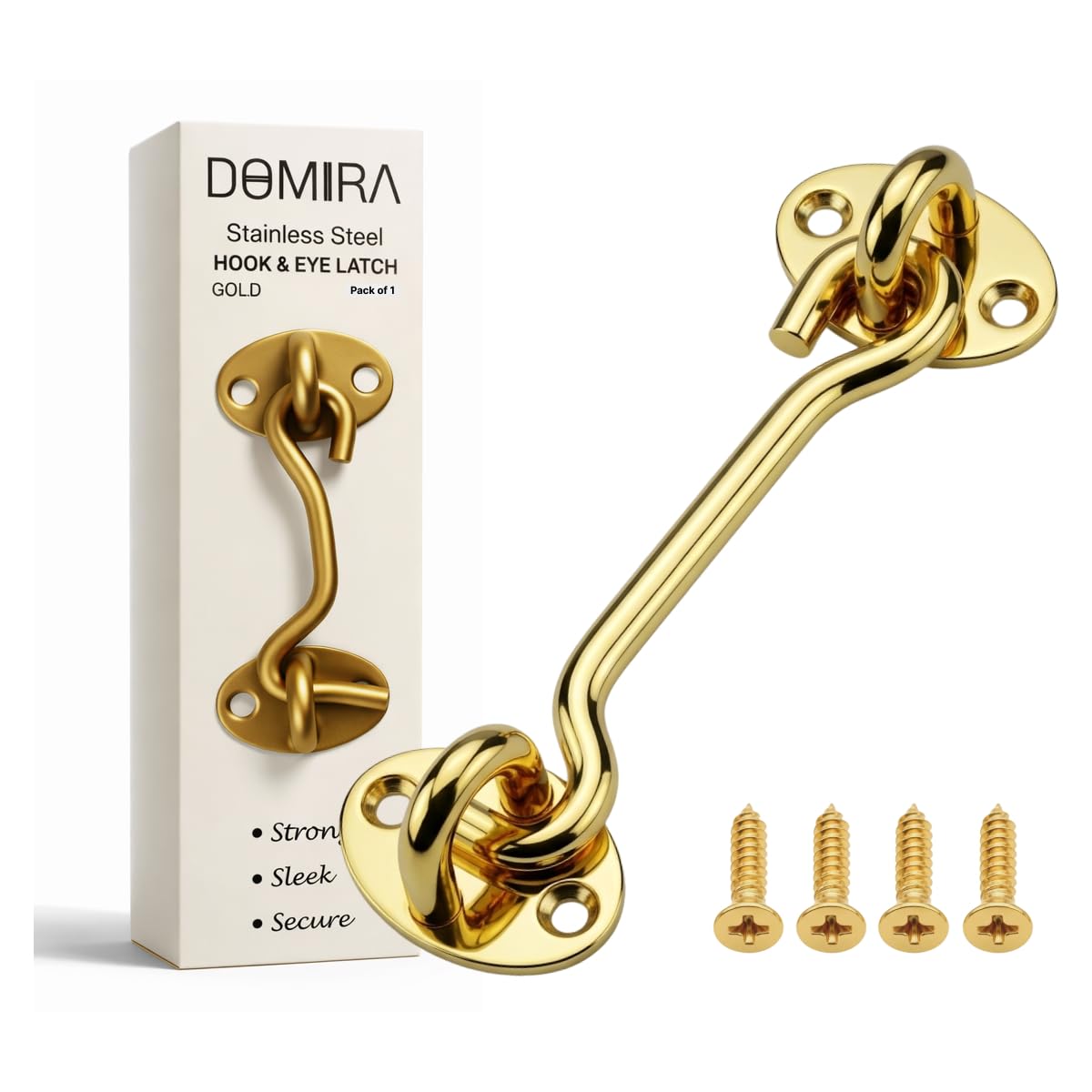 Domira Hook & Eye Latch - Heavy Duty Stainless Steel Door Lock | 3, 4, 6, 8 Inch | Gate Hook and Eye Latch for Doors, Sheds, Barns, Windows, Sliding Doors (Gold) (Gold, 6 Inch)
