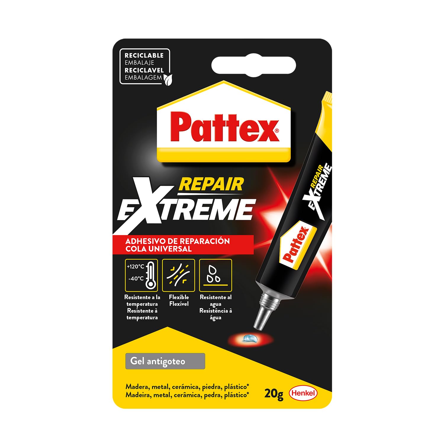 Pattex Repair Extreme, pegamento multiusos que no contrae, pegamento resistente a las vibraciones, pegamento extrafuerte para interiores y exteriores, 1 x 20 g, tubo