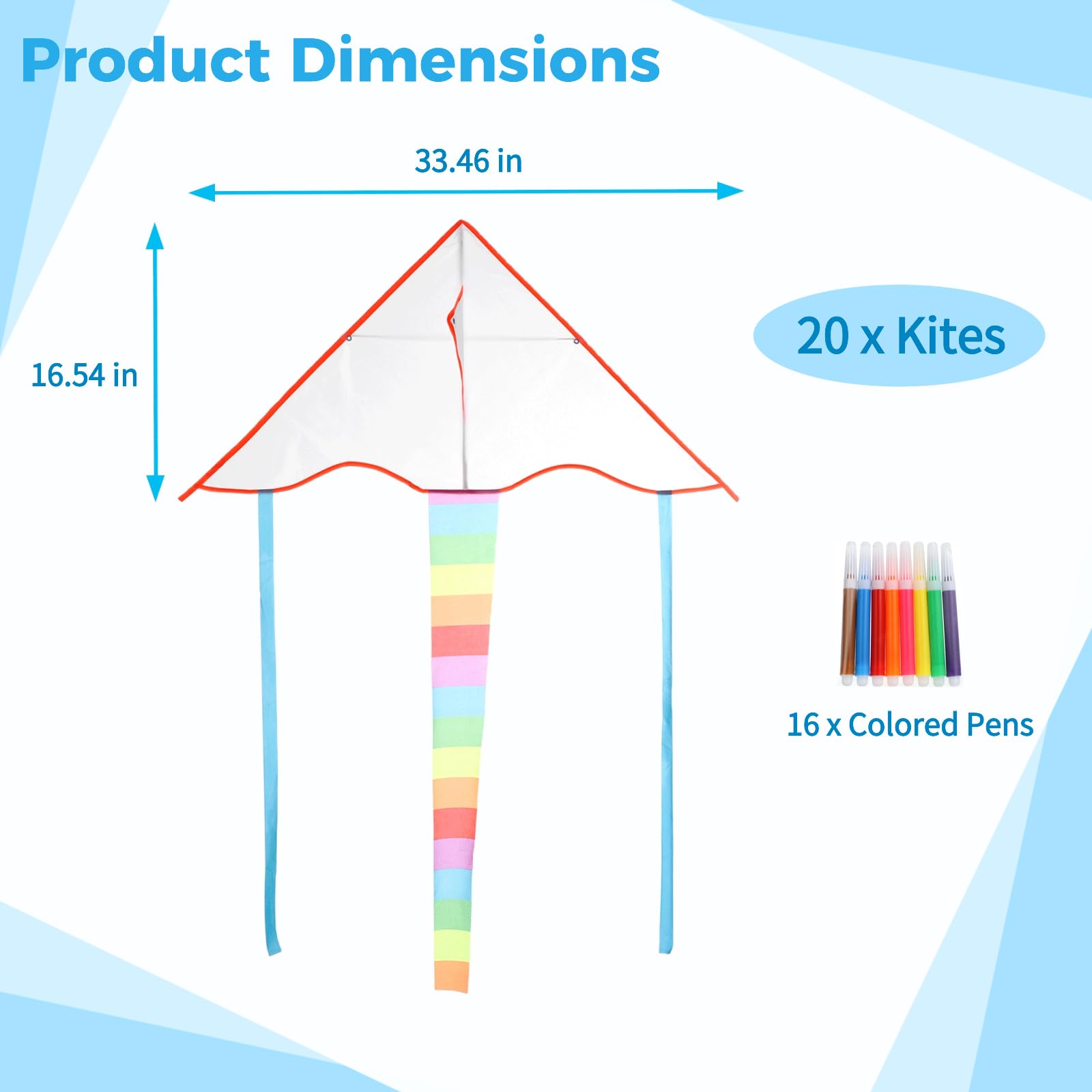 Lot de 20 cerfs-volants vierges à faire soi-même pour enfants - 85 x 42 cm - Avec 8 stylos de couleurs inclus - Triangle facile à faire voler - Pliable et portable - Pour jeux et activités de plein