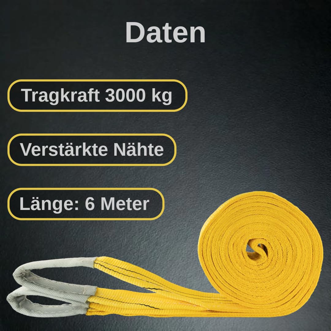 Hebeschlinge 6 Meter bis 3000 kg, DIN EN 1492-1 Zertifiziert, Hebeband 6m / 3t, Hebegurt | Krangurt | Kranschlinge | Tragegurt