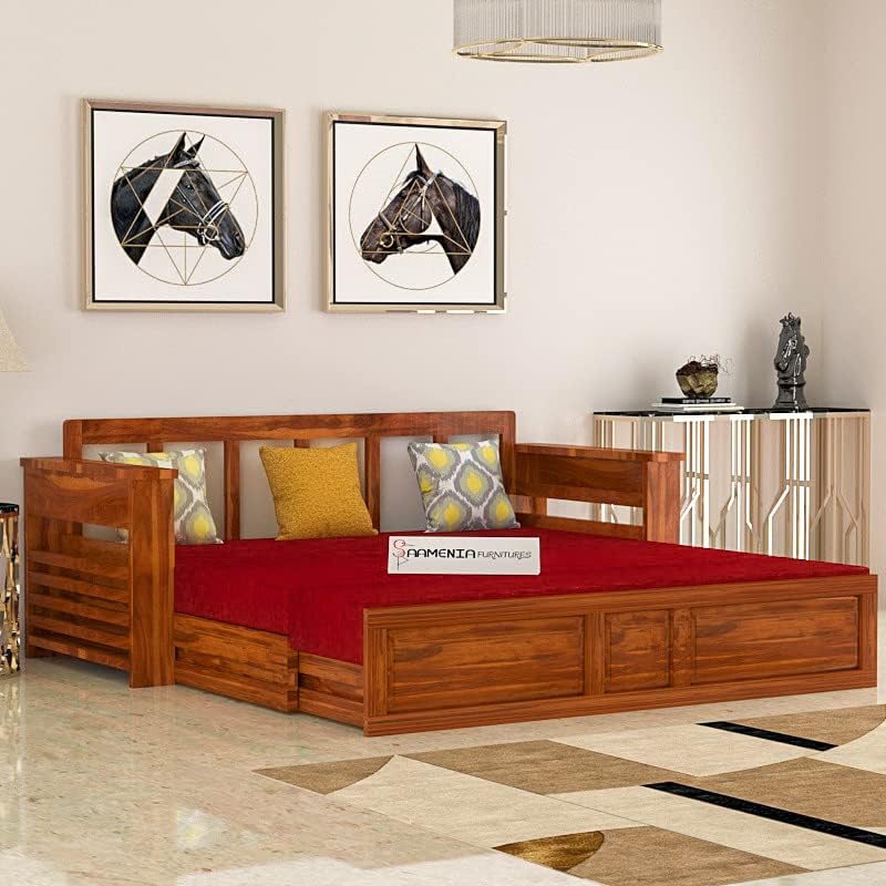 Image of Mamta Furniture Solid Wood Foster 3 Seater Sofa Cum Bed with 40 Density Cushions for Living Room, Three Seater Queen Size Sofa Bed for Home, Sofa Com Bed, Sheesham Wood Honey Finish