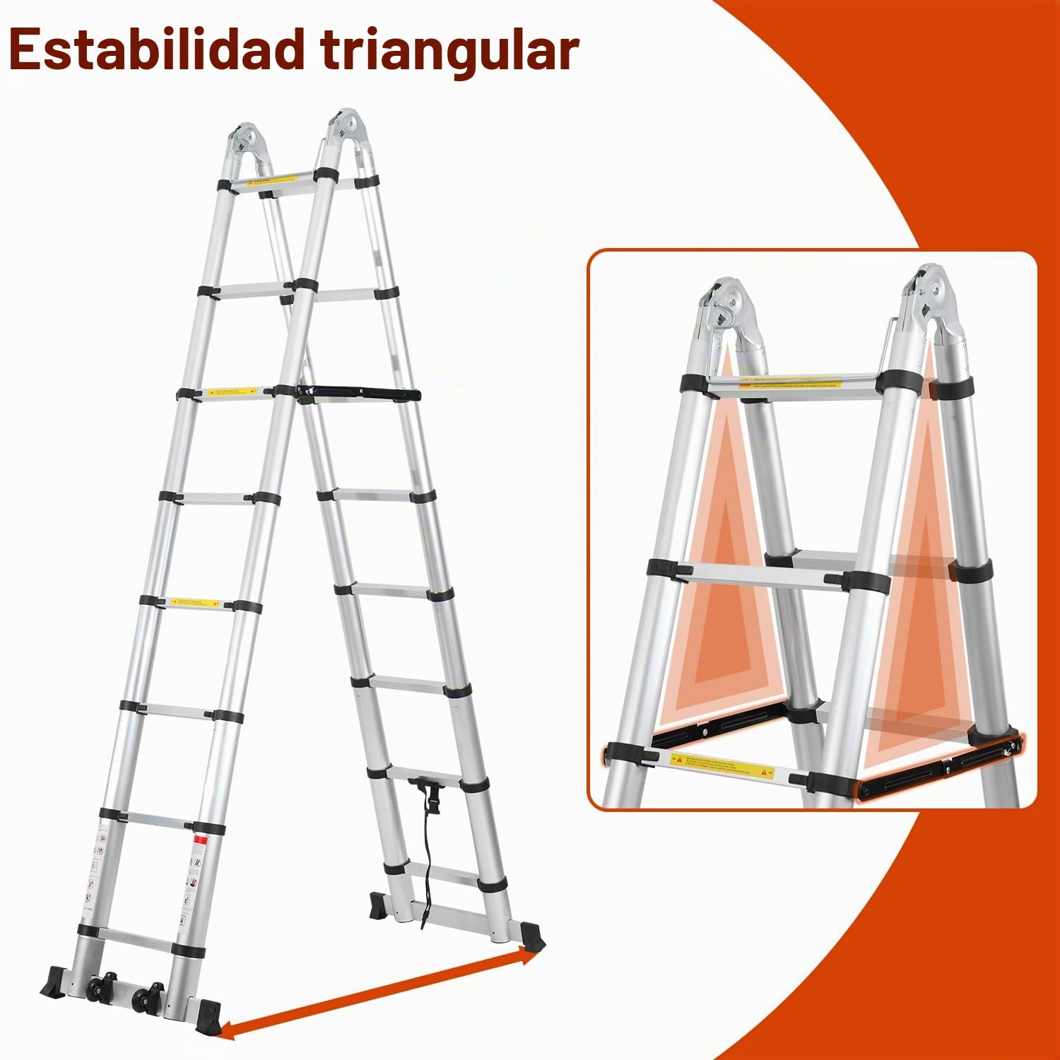 Lospitch 5m Escalera Telescópica, Escalera de Aluminio Plegable Antideslizante Extensible multifunción, Escaleras de Uso múltiple - Plegable (2,5 + 2,5 M) Carga máxima: 150 kg, Plata