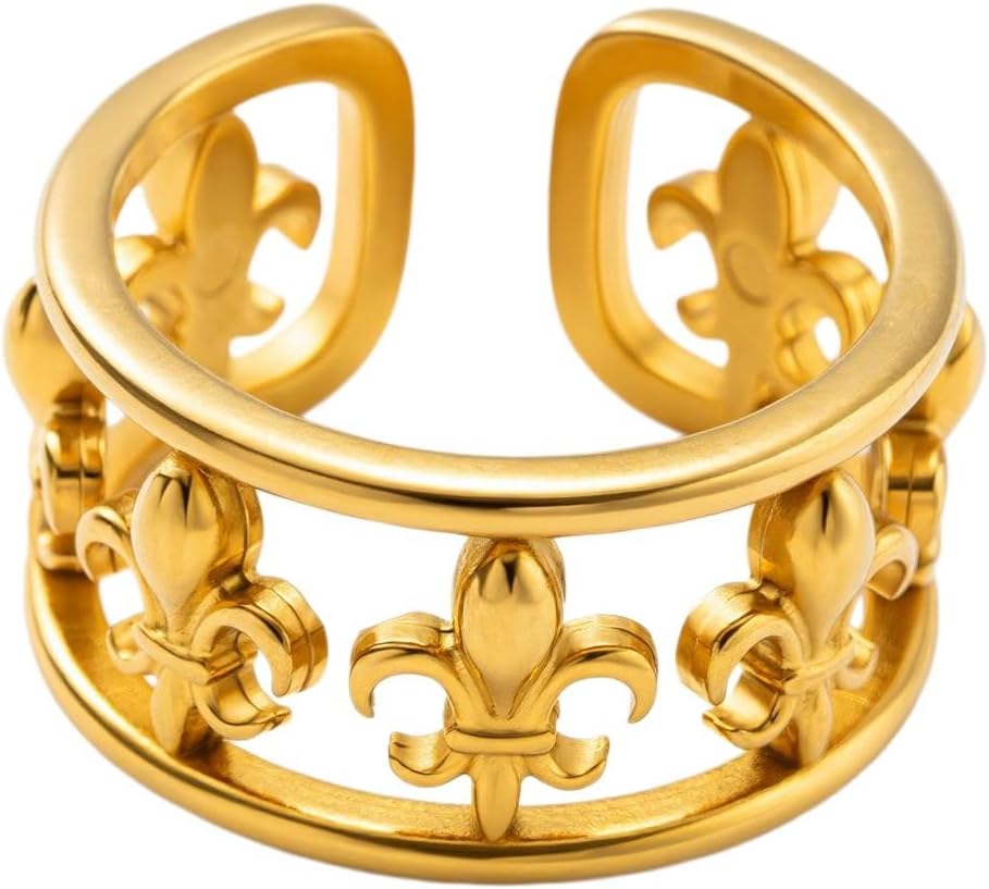 Golden Adjustable Open Ring for Women, Fleur-de-Lis Hollow Statement Ring, Vintage Wide Band Cuff Ring, Minimalist Polished Fashion Jewelry