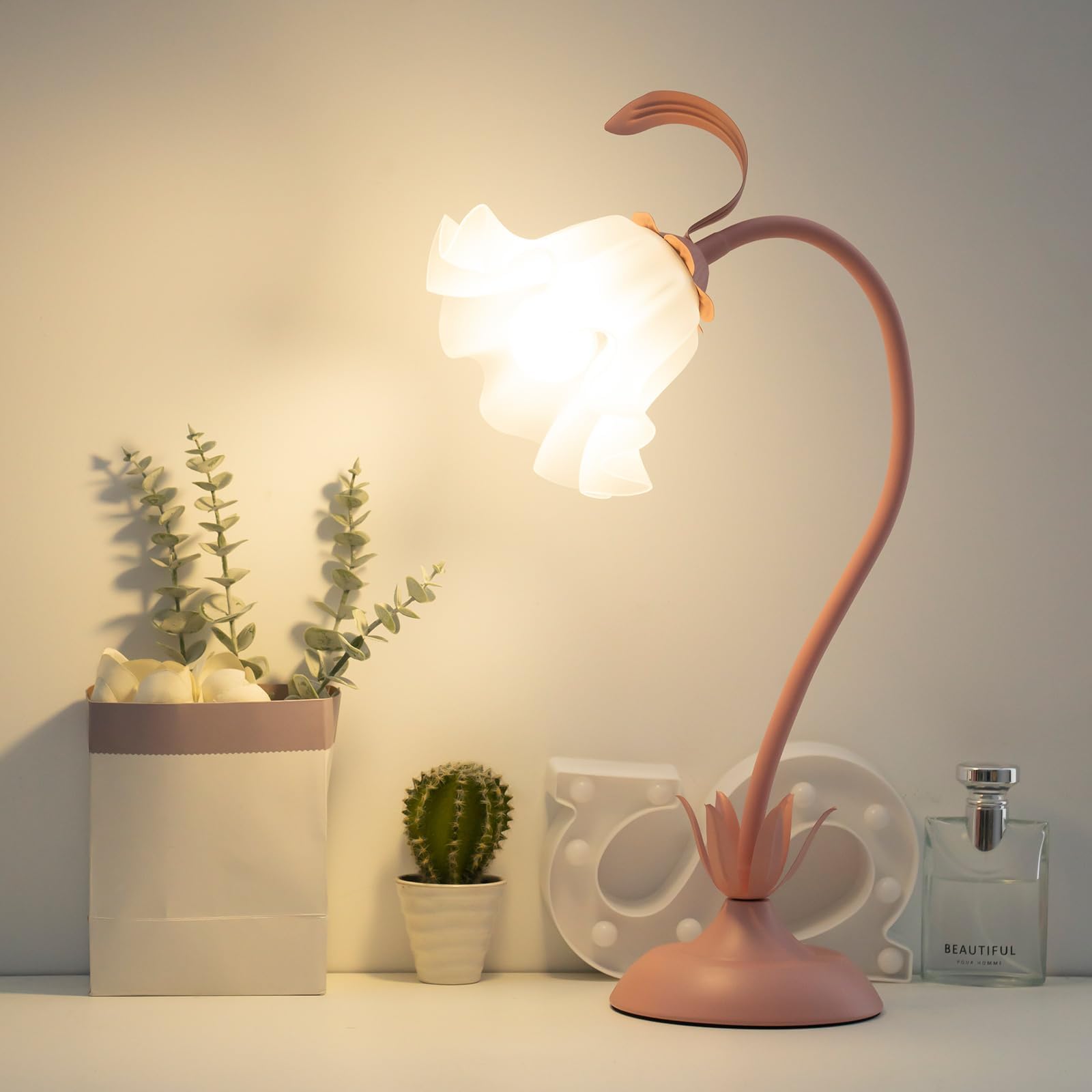 Rosa LáMpara De Escritorio,LáMparas De Forma De Flor Lamparas De Mesita De Noche, Pantalla De Acrílico Lampara Mesita De Mesa Giratoria Para Dormitorios Sala De Estudio,50 Cm LáMpara De Luz Lectura